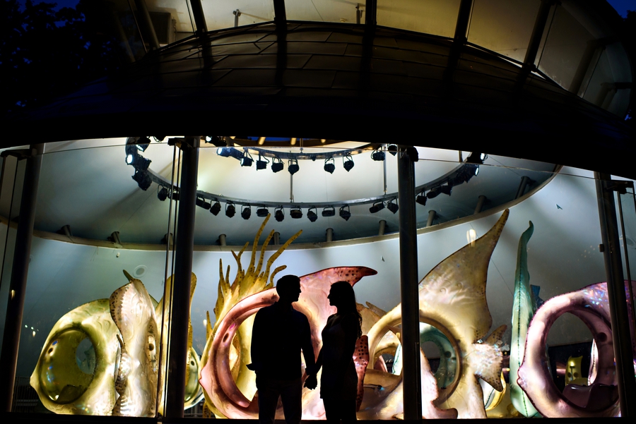 A silhouette of an engaged couple in front of a glass carousel in Battery Park NYC.